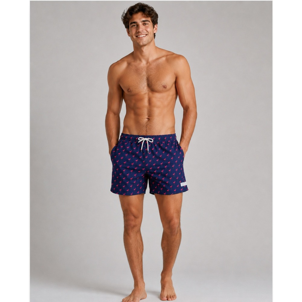 New Public Art Swim Trunks Sz Medium Navy Blue Pink Flamingo Liner Board Shorts